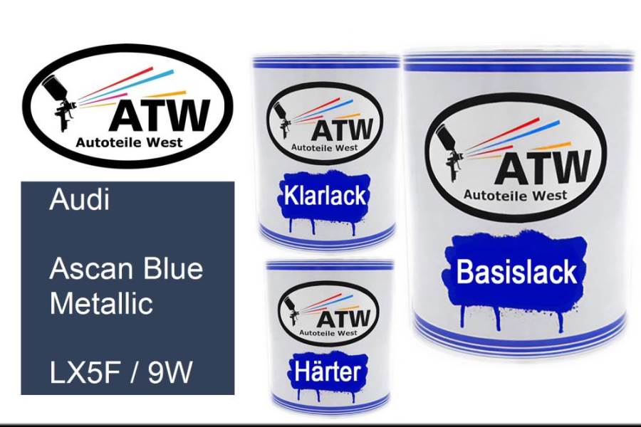 Audi, Ascan Blue Metallic, LX5F / 9W: 1L Lackdose + 1L Klarlack + 500ml Härter - Set, von ATW Autoteile West.